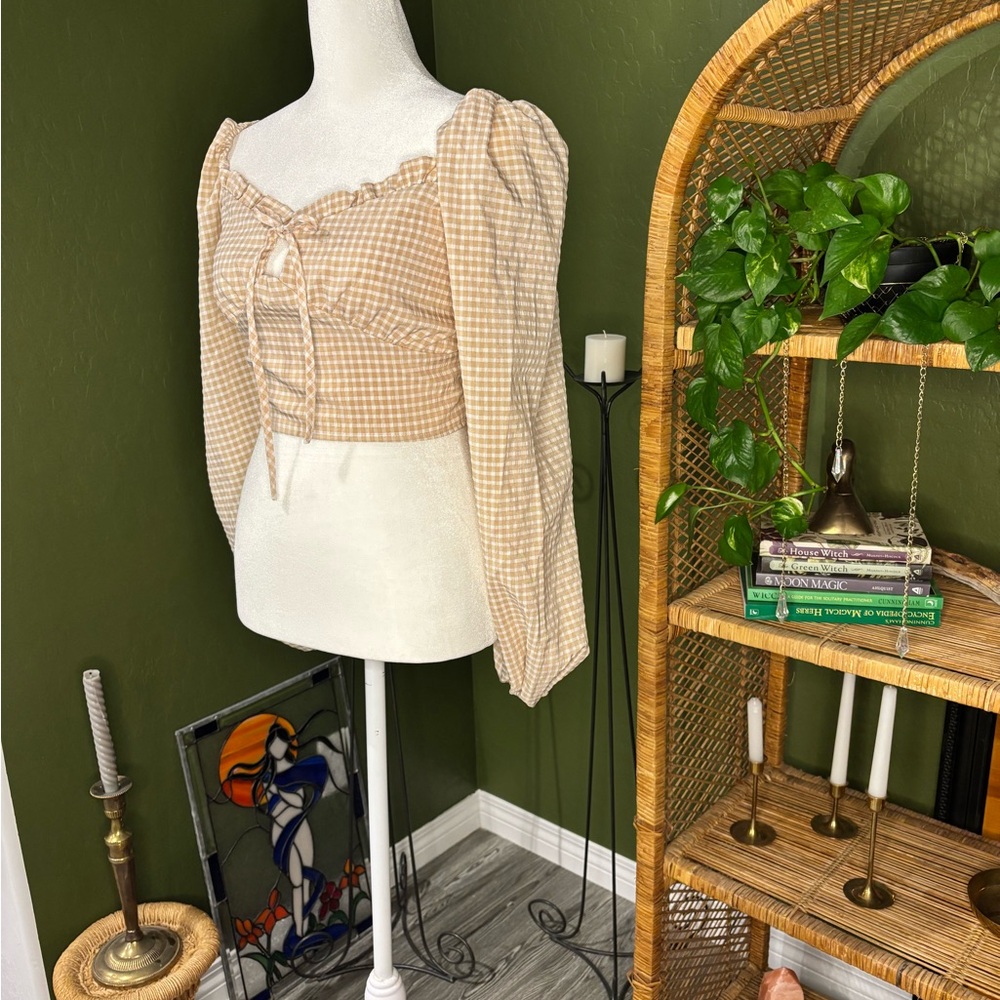 Peachy Frilly Tie Front Puff Sleeve Picnic Gingham Plaid Crop Babydoll Top - Picture 4 of 4